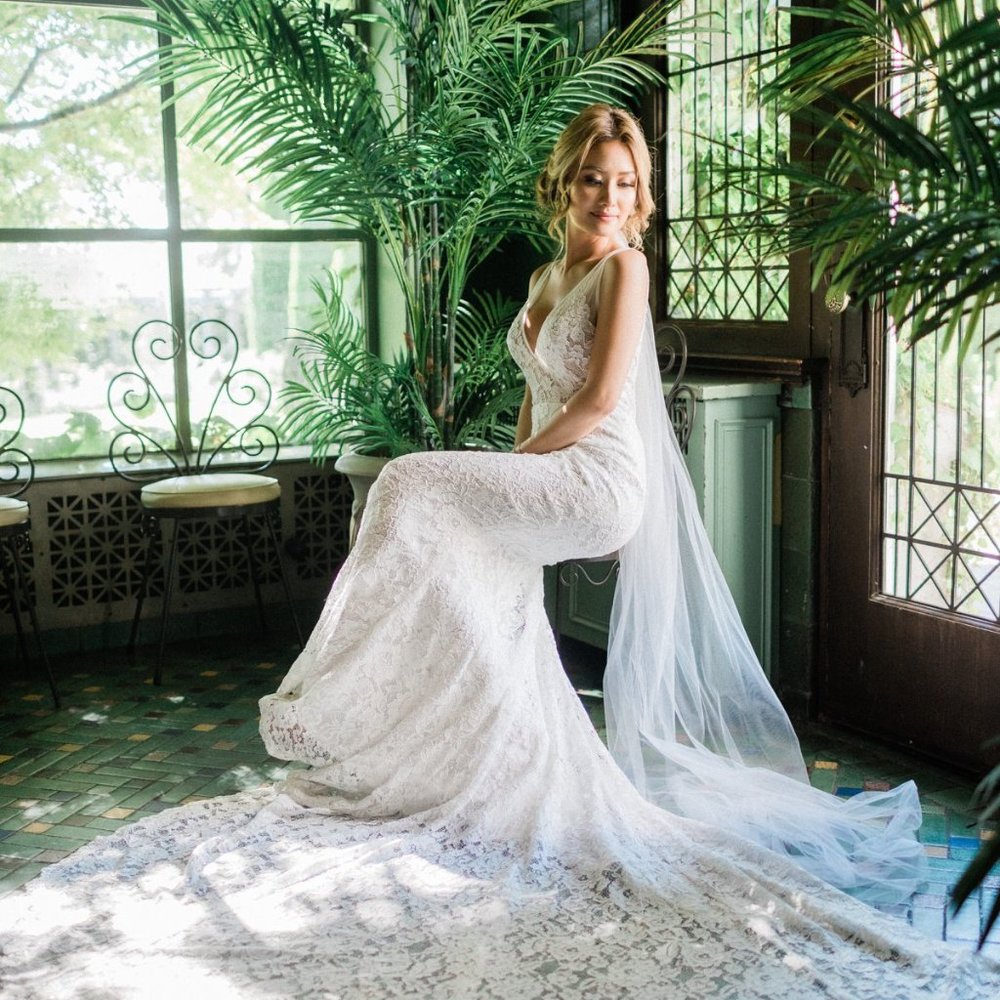 Made With Love French Lace and Mesh Mermaid Deep V Low Back Wedding Dress - Picture 4 of 8